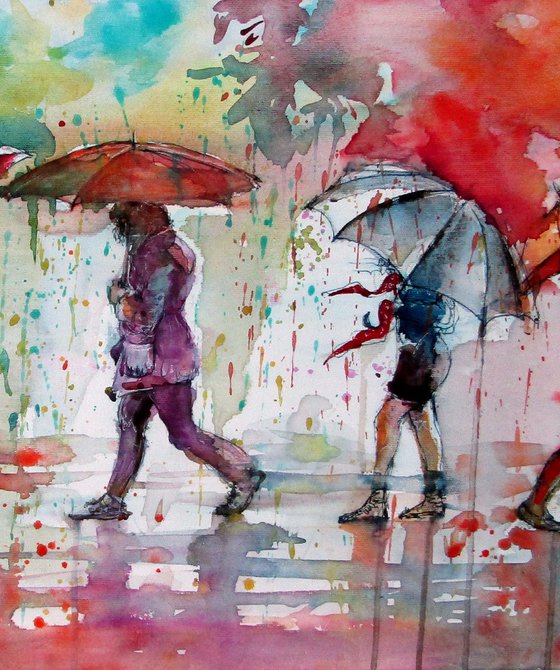 Walking people at rain