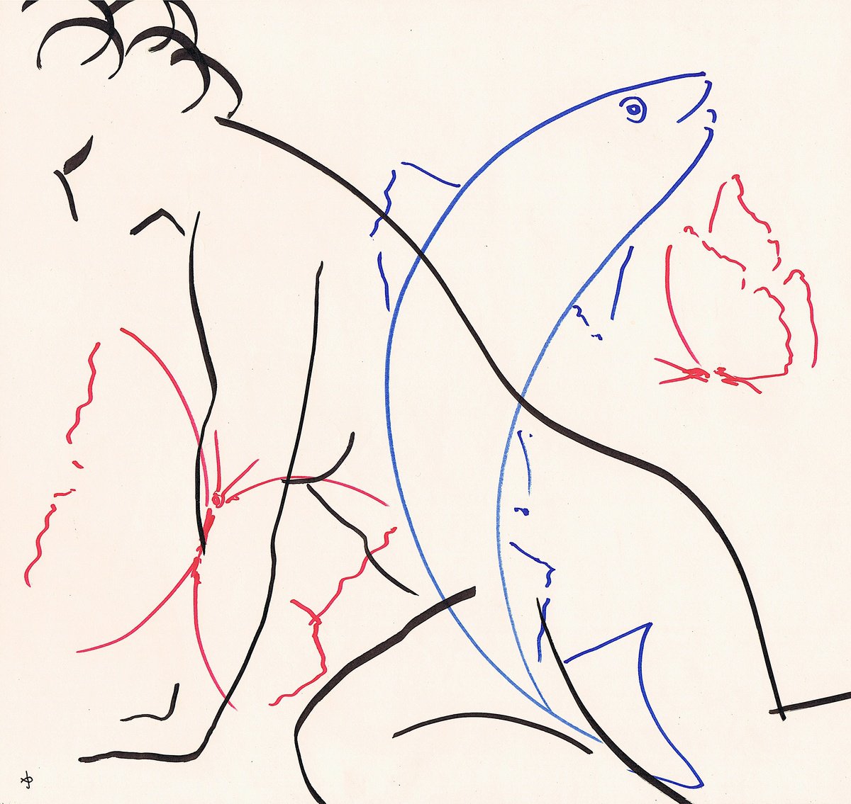 Expressive Animal Ink Drawing By David Jones, 12 X 11, Together #2410C, Original Artwork