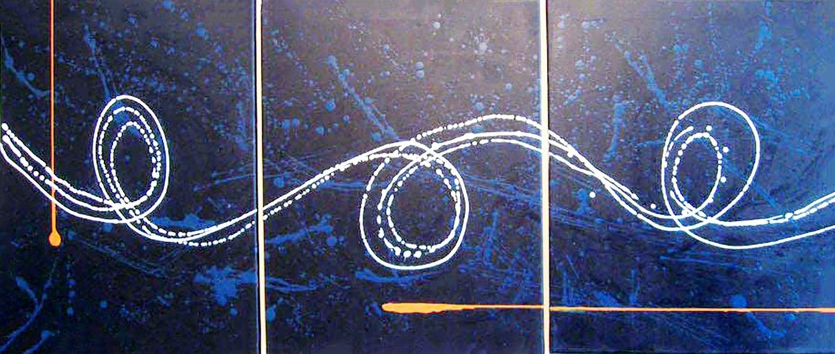 Expressive Abstract Acrylic Painting By Stuart Wright, 48 X 20", Big Blue 3 Panel Canvas, Original Artwork