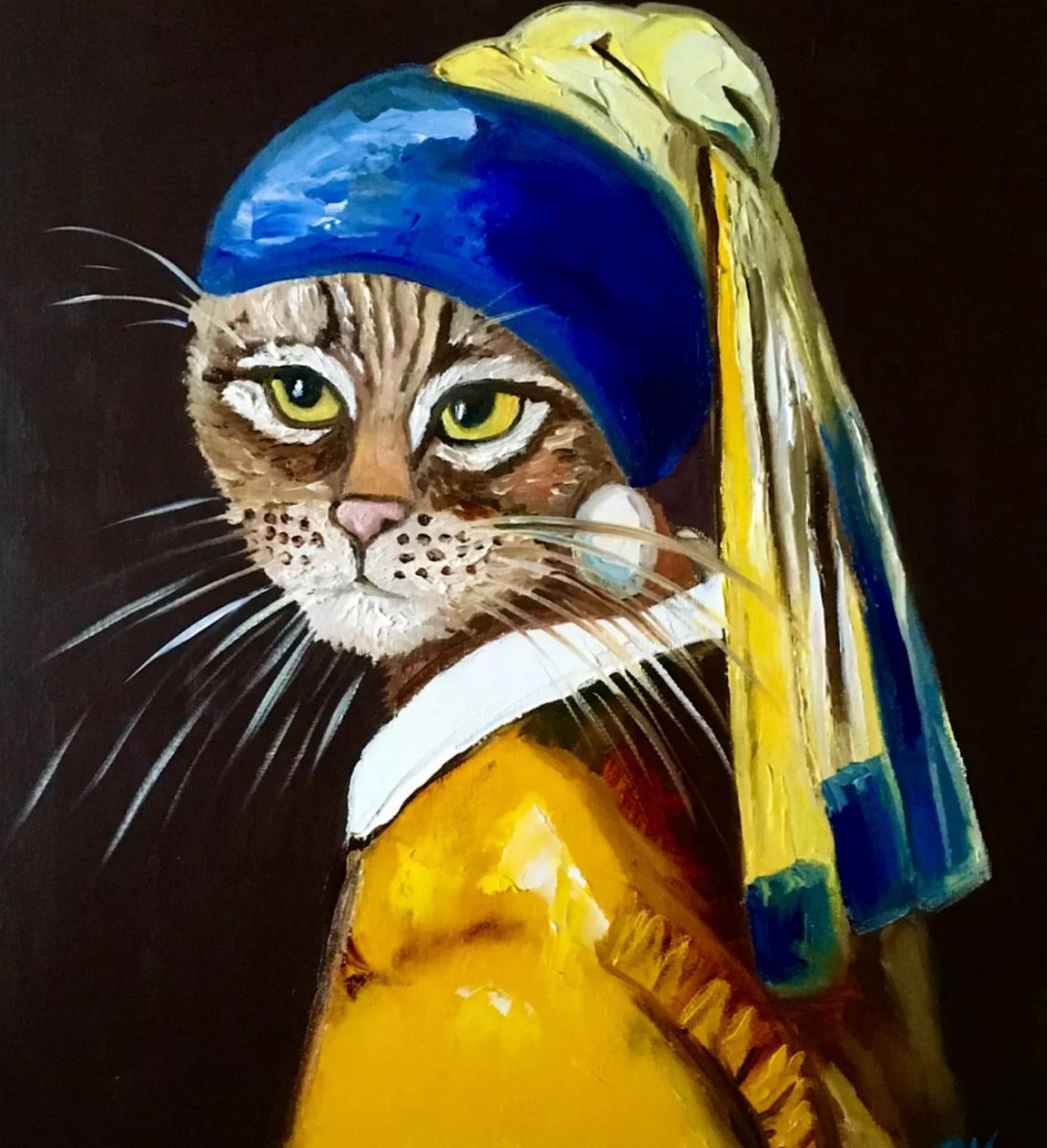 Expressive Animal Oil Painting By Olga Koval, 16 X 18", Cat With The Pearl Earring, Original Artwork