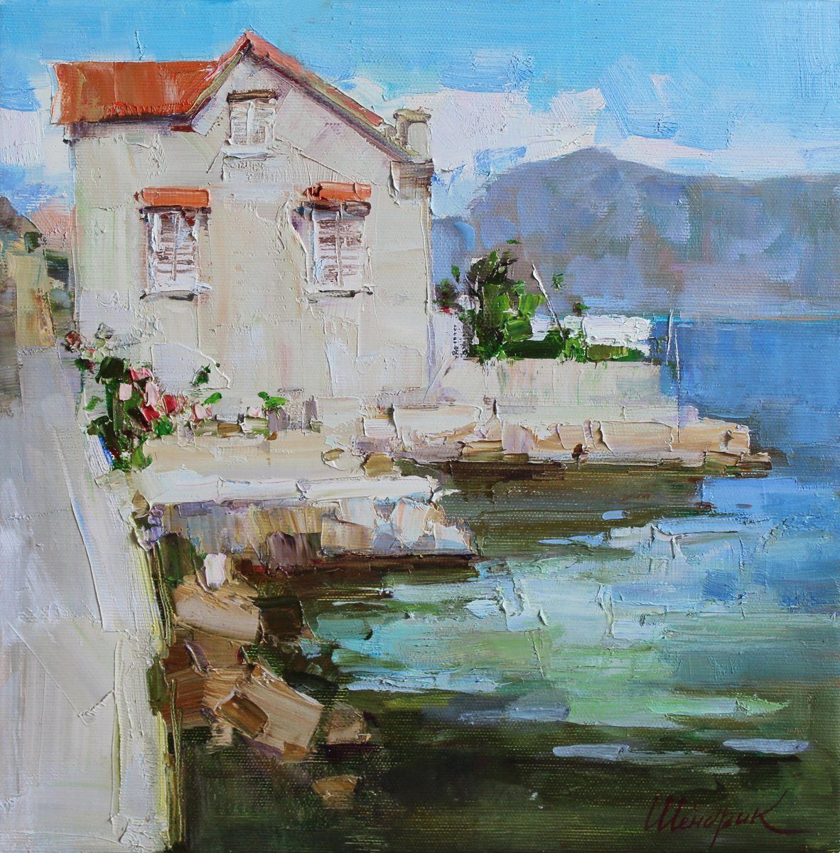 Impressionistic Landscape Oil Painting By Tetiana Shendryk, 12 X 12", House In The Kotor Bay, Original Artwork