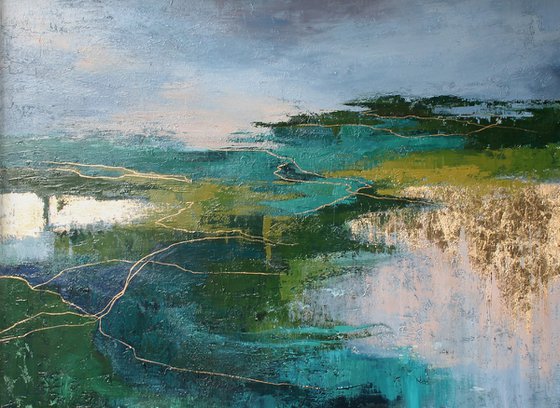 "North 2" Abstract nature green gold acrylic