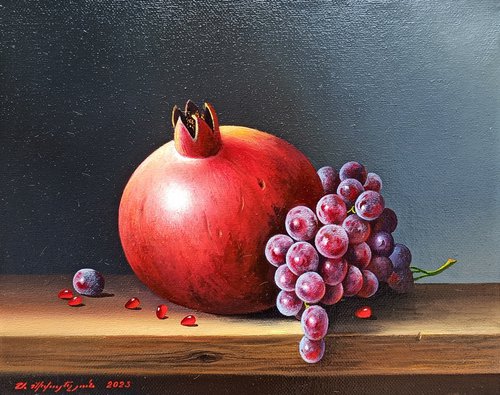 Still life with pomegranate and grape (24x30cm, oil painting, ready to hang) by Sergei Miqaielyan