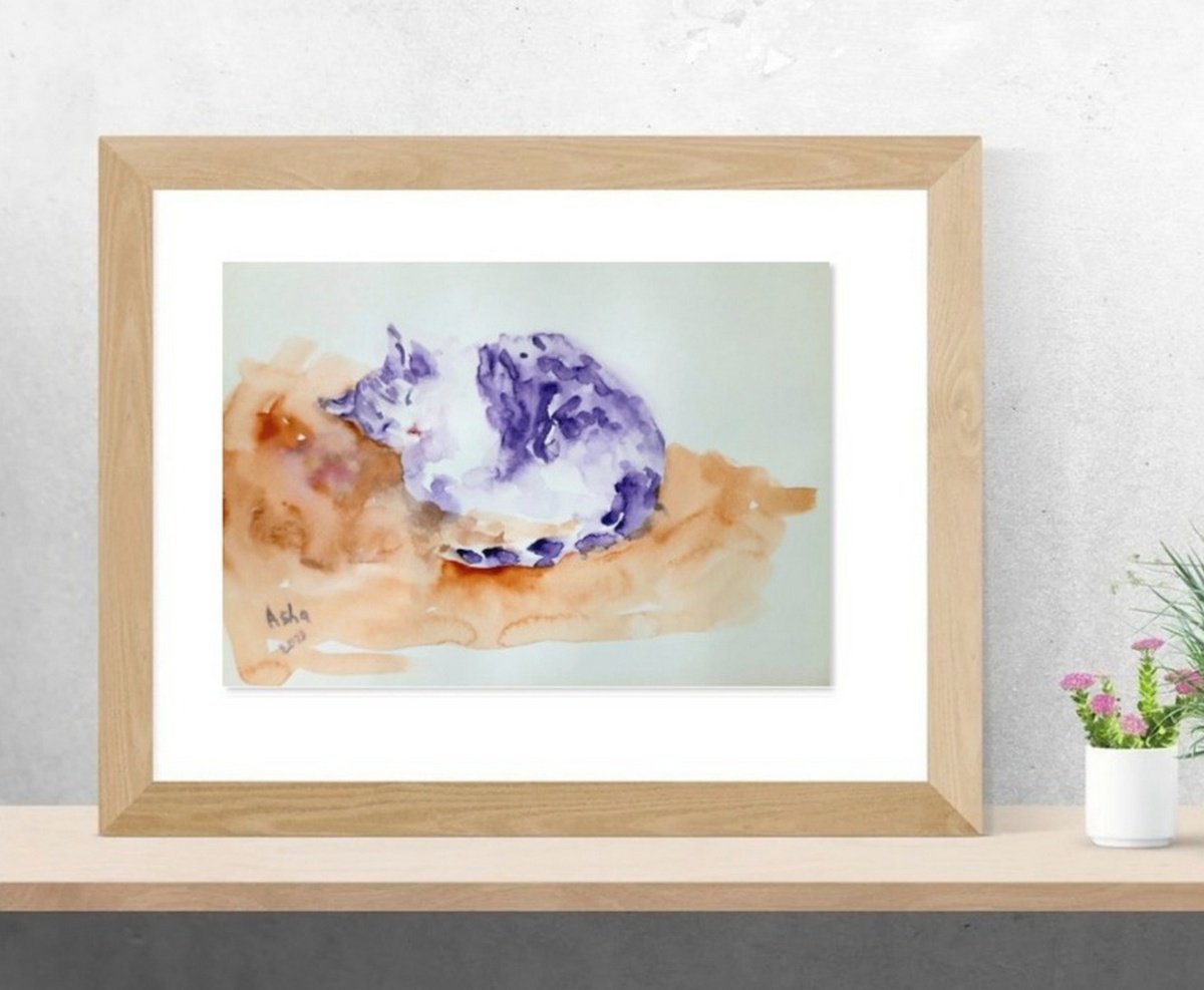 The Purple cat Minimalist watercolors on paper 5.8x 8.25 by Asha Shenoy