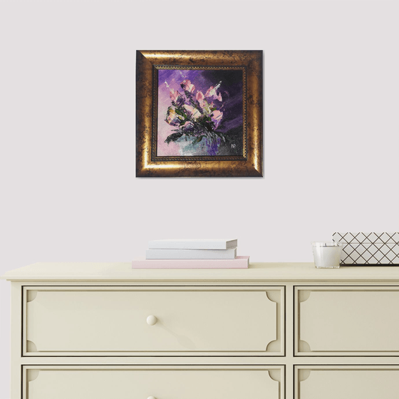 Abstract floral composition, original small framed oil painting gift idea, art for home