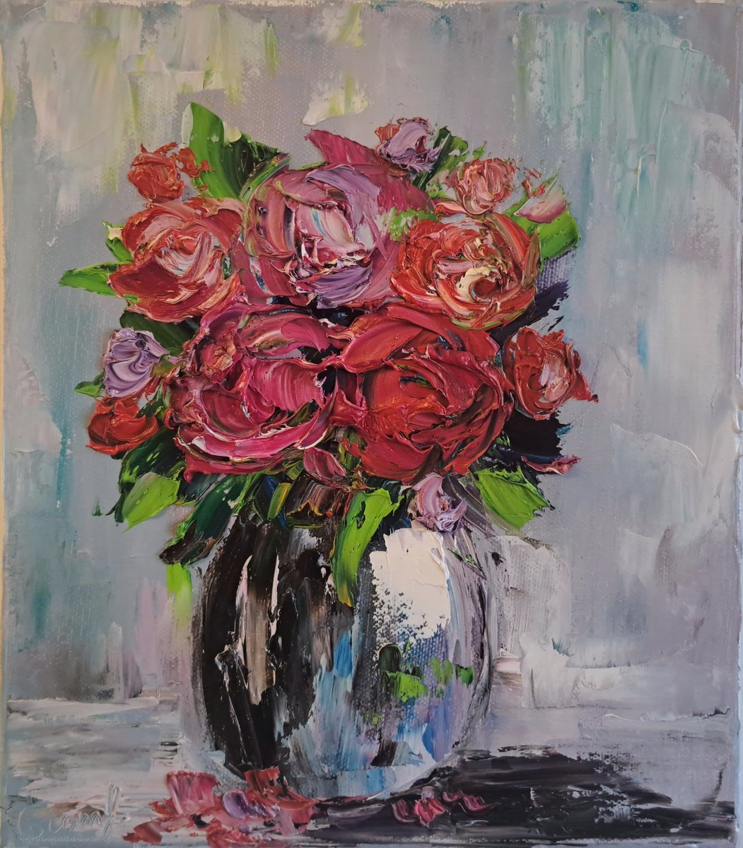Impressionistic Still Life Oil Painting By Oksana Fedorova, 10 X 12", Rose In A Vase Still Life, Original Artwork