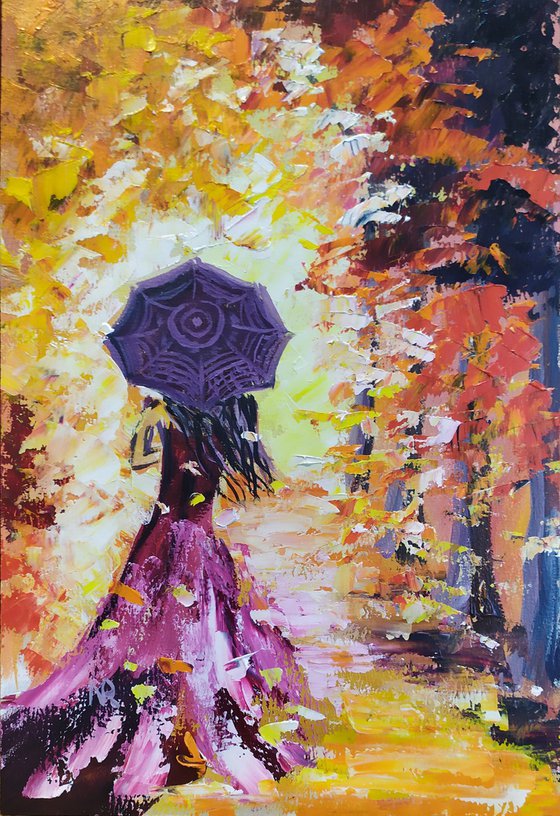 Autumn tango, original girl umbrella oil painting, Gift, art for home, for sale