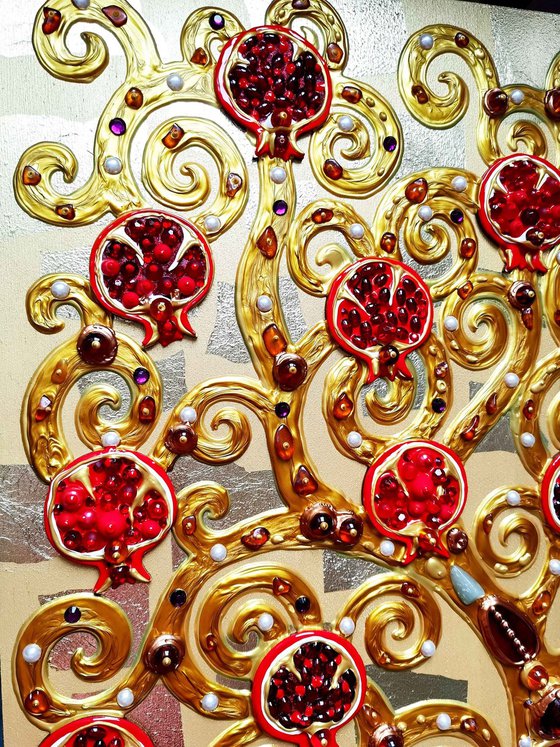 Pomegranate Tree artwork. Golden red art. Decorative wooden relief textured wall hanging sculpture with precious stones and crystal rhinestones. Gift