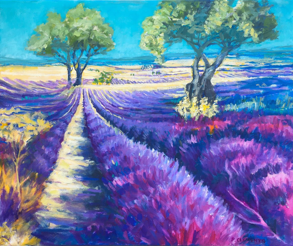 Impressionistic Landscape Oil Painting By Patricia Clements, 30 X 24", French Lavender Fields, Original Artwork