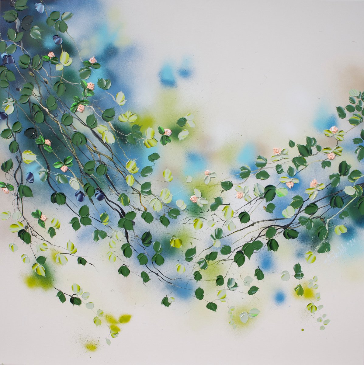 Impressionistic Botanical Acrylic Painting By Anastassia Skopp, 39 X 39, Ethereal Stillness Iii, Original Artwork