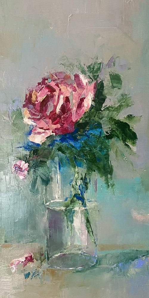 STILL LIFE WITH A ROSE, Oil on canvas panel by Svetlana Caikovska