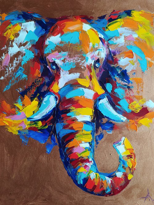 Steel - oil painting, elephant, elephant face, animal face, animals oil painting, impressionism, palette knife, gift, elephant portrait by Anastasia Kozorez
