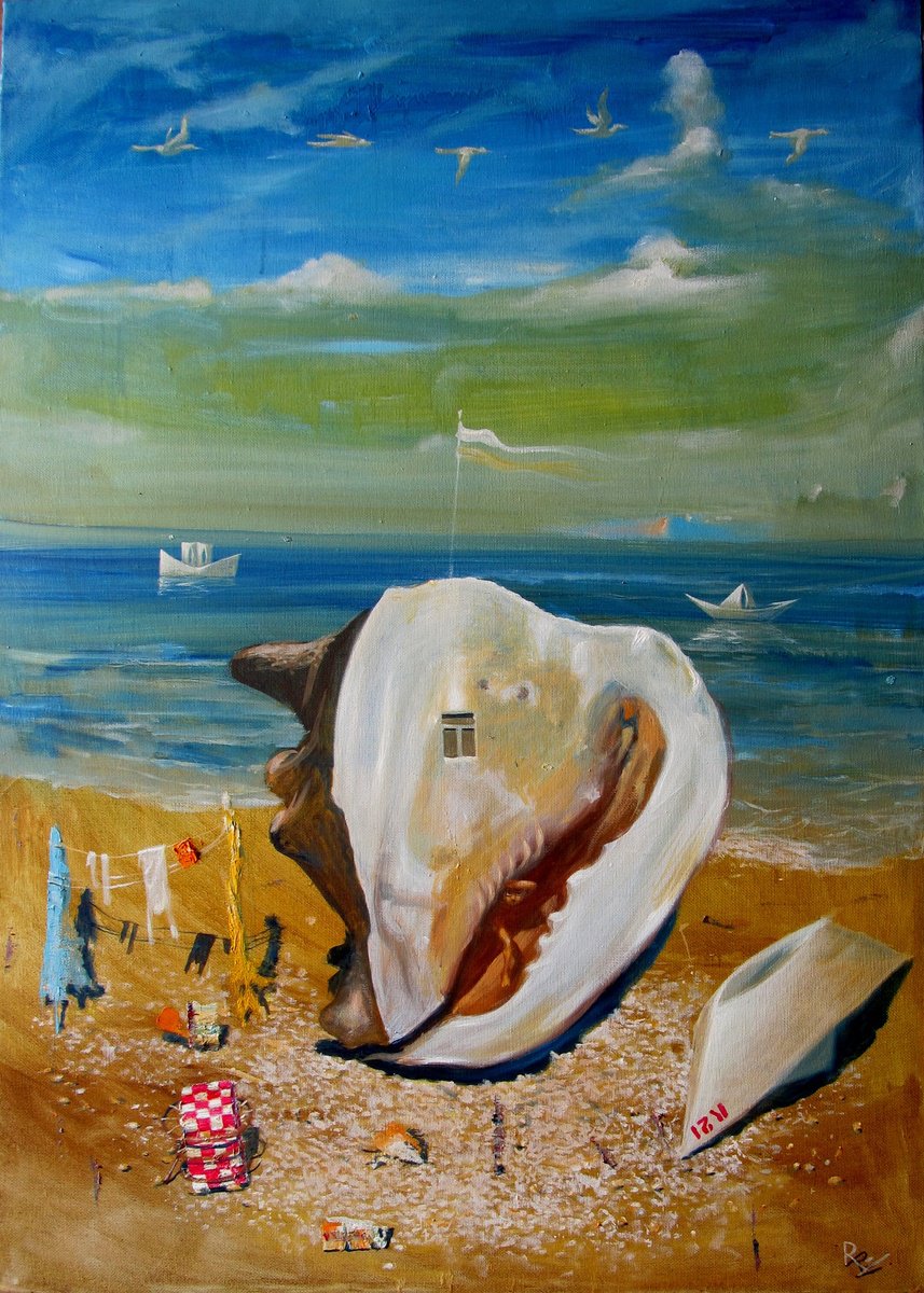 Surrealistic Landscape Oil Painting By Serhiy Roy, 20 X 28", Home By The Sea., Original Artwork