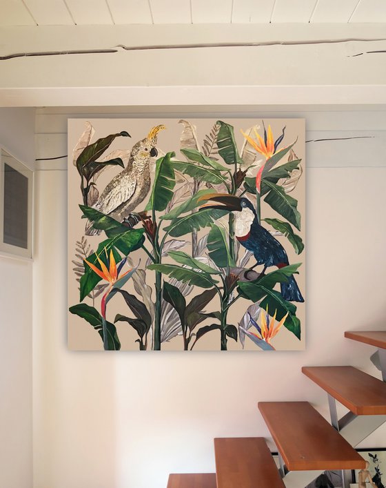 Jungle Light N°4 - Cockatoo and Touchan Fern - Tropical - Art-Deco - Organic Floral, Large painting