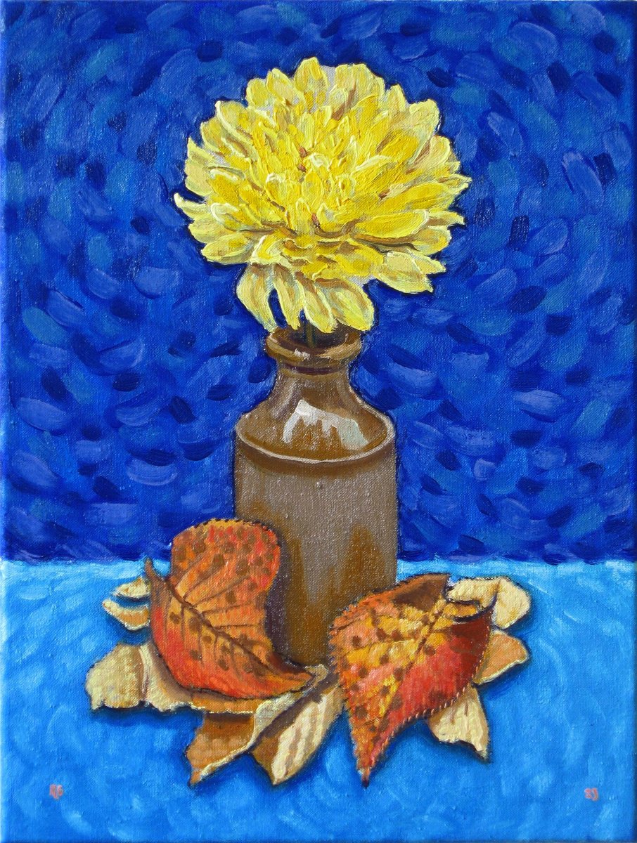 Botanical Oil Painting By Richard Gibson, 12 X 16", Chrysanthemum And Leaves, Original Artwork