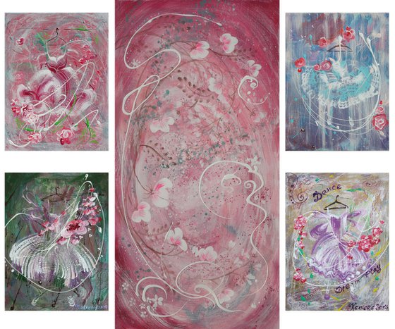 Shabby chic art original set of 5 paintings abstract art acrylic on stretched canvas modern wall art