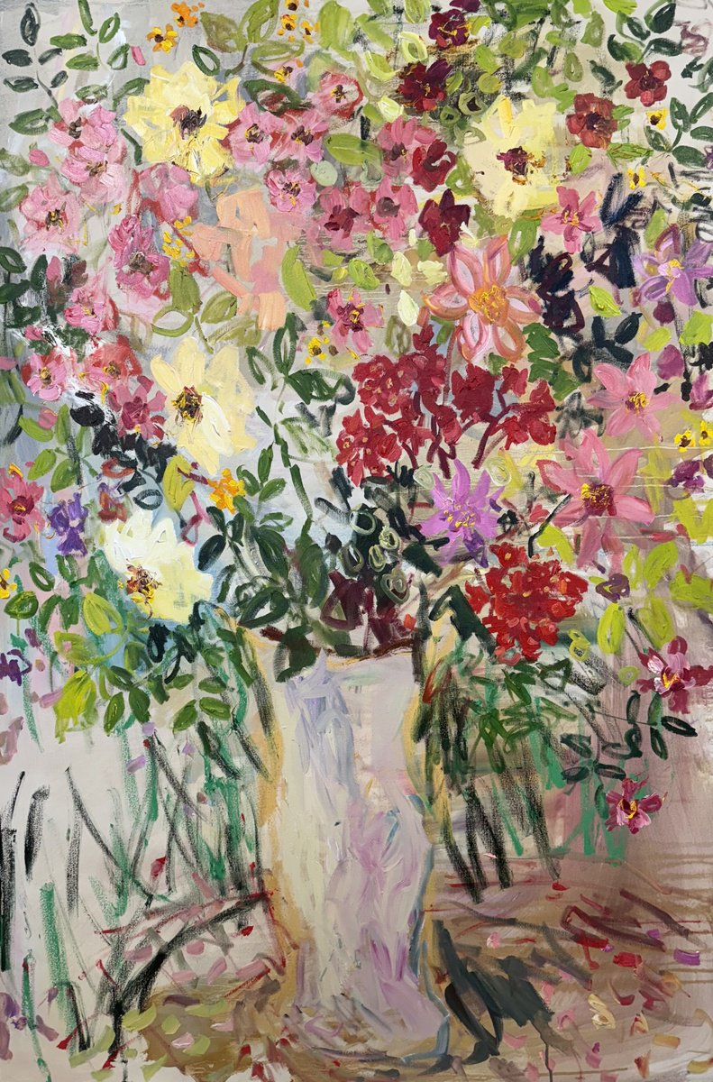 Expressive Botanical Oil Painting By Lilia Orlova-Holmes, 39 X 59", High Summer Flowers., Original Artwork