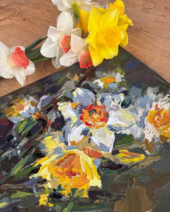 "Daffodils" palette knife oil painting