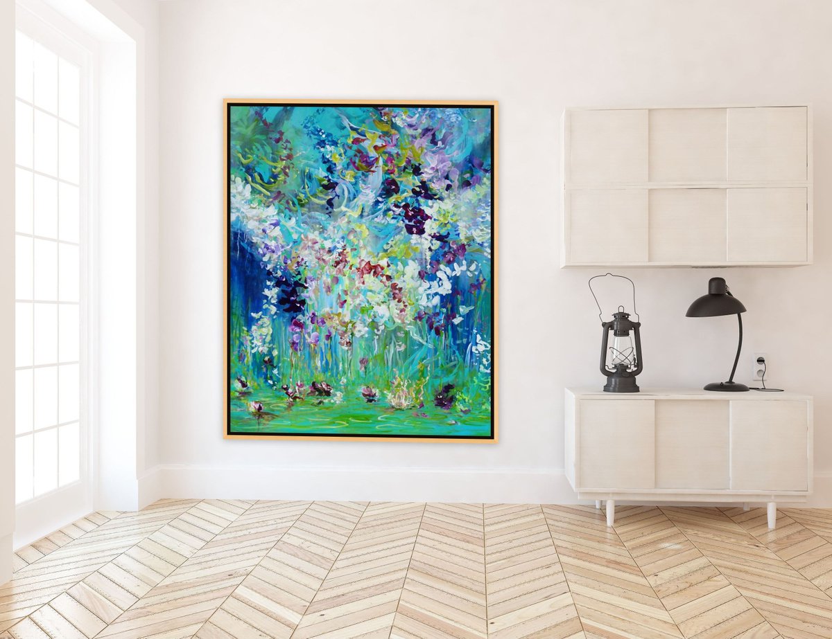 Abstract Landscape Large Floral Painting. Tropical Flowers Blue Teal Green Painting on Can... by Sveta Osborne