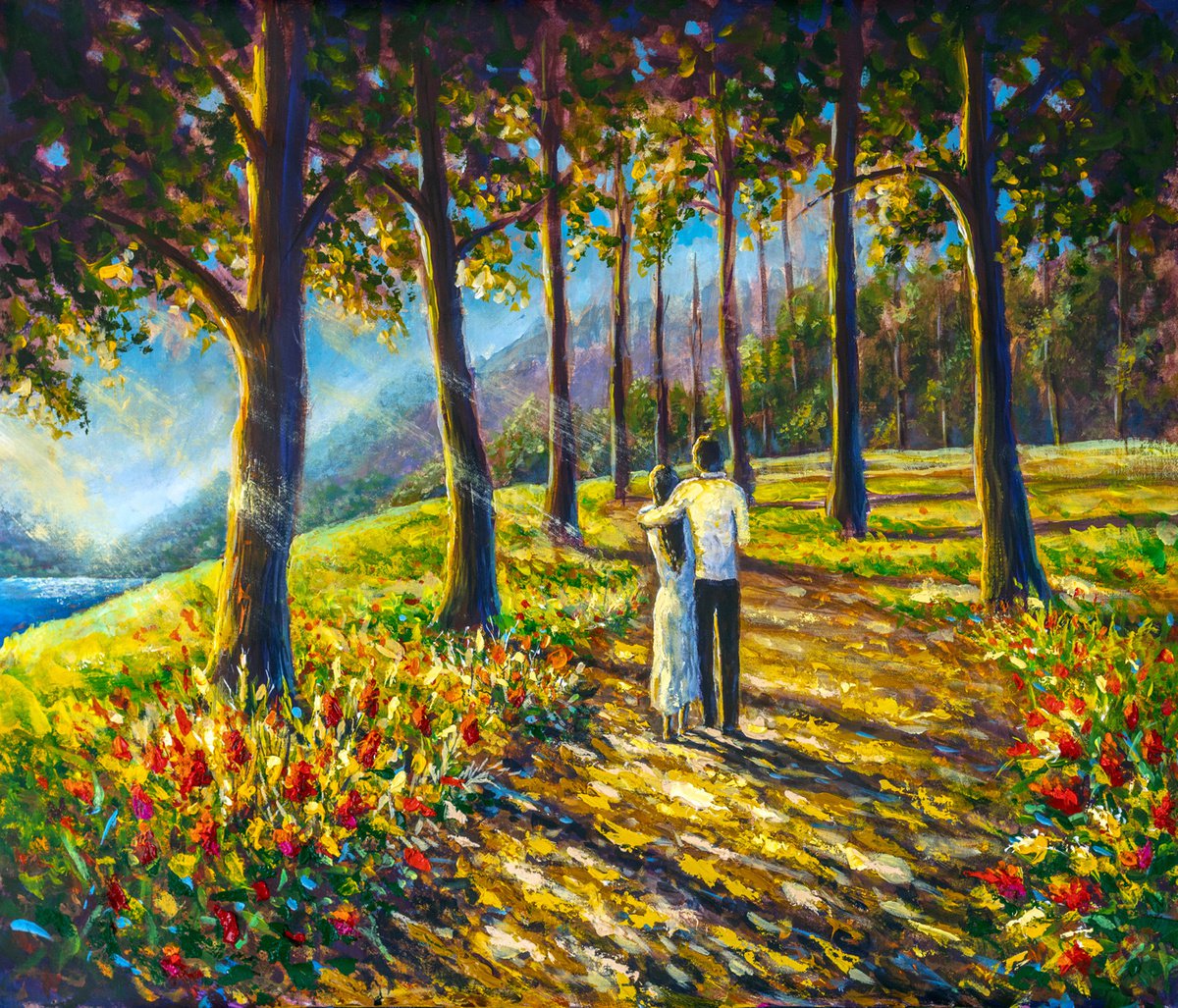 Romantic couple walking in sunny park forest painting. Painting by Valery Rybakou