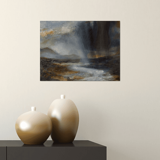 Glen in A Sudden Beam of Light. Semi abstract classical landscape on canvas 30x40cm.