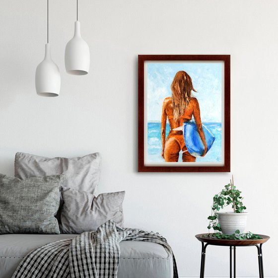 Fresh wind, Surfer Girl Painting Original Art Surf Artwork Coastal Wall Art 40x50 cm ready to hang