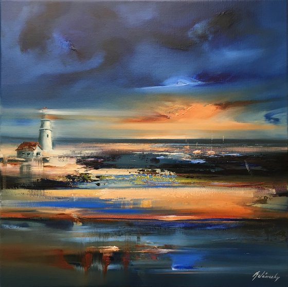 One night by the Sea - 50 x 50cm, abstract landscape oil painting in blue