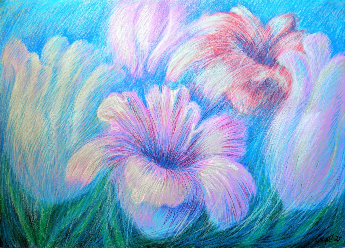 Impressionistic Botanical Acrylic Painting By Rakhmet Redzhepov, 34 X 24", Tulips Purple, Original Artwork