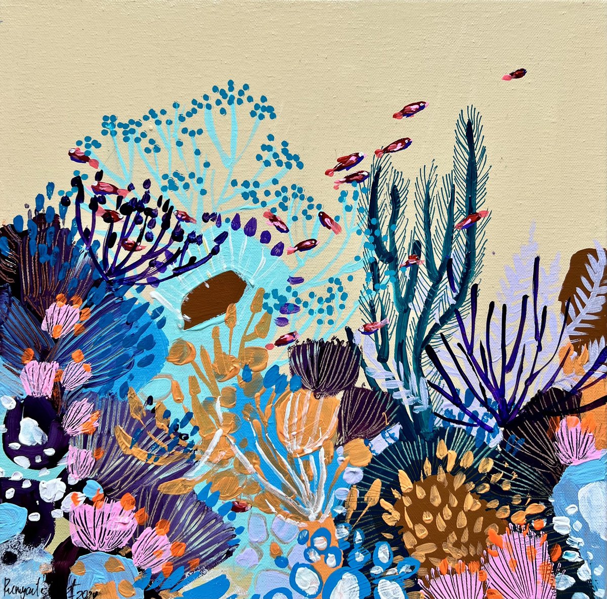 Impressionistic Abstract Acrylic Painting By Irina Rumyantseva, 16 X 16, Underwater Life 6, Original Artwork