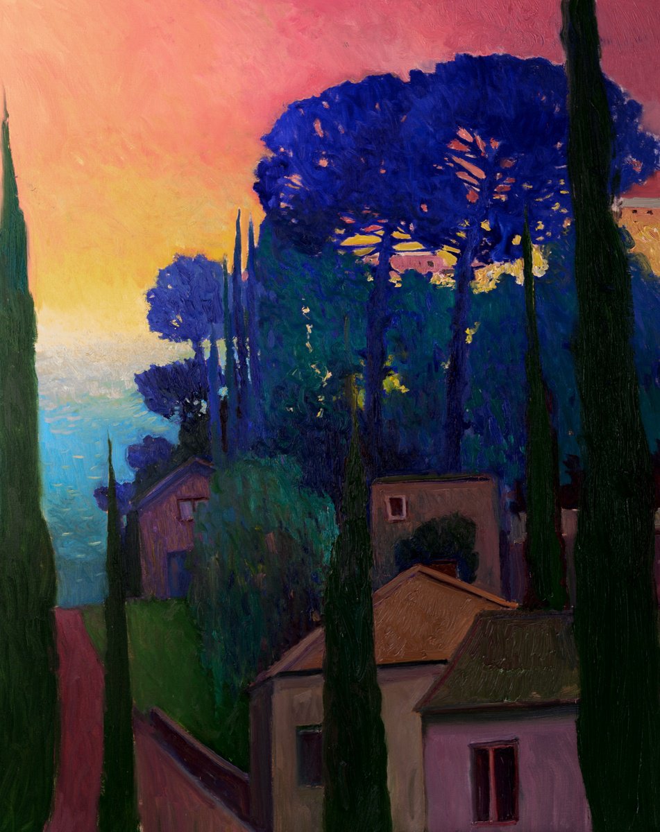 Expressive Landscape Oil Painting By Suren Nersisyan, 30 X 40", Before The Sunrise, Blue Pines, Original Artwork