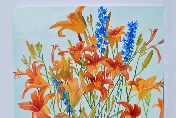 Orange Daylilies, Delphinium