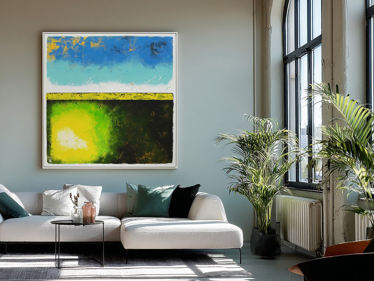 Abstract Acrylic Painting By Ronald Hunter, 47 X 47", Mr Greenfield Blue Sky, Original Artwork