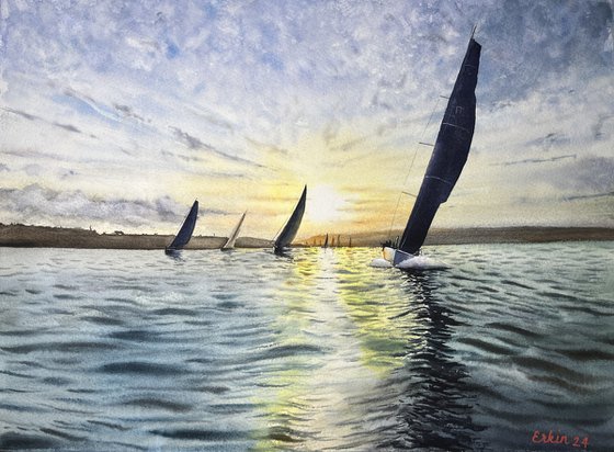 Sailing Race at Sunset.