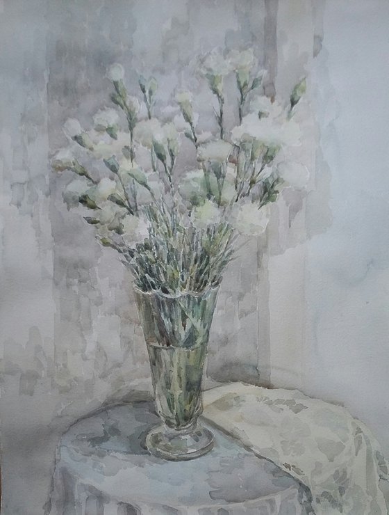 White carnations. Original watercolour painting.