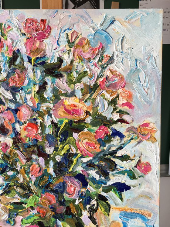 Roses in Blue Vase