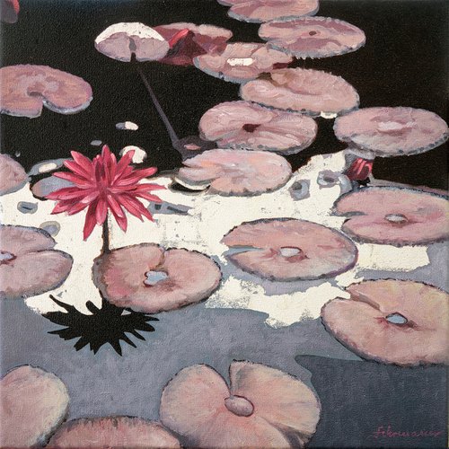 WATER LILIES, NO. 6 | ORIGINAL OIL SILVER LEAF PAINTING CANVAS by Uwe Fehrmann
