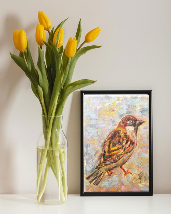 "Sparrow Portrait" | Bird Painting Original Canvas Hand-painted Oil Miniature