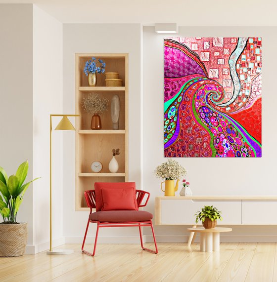 Viva Magenta Love - large red abstract painting, vivid spiral