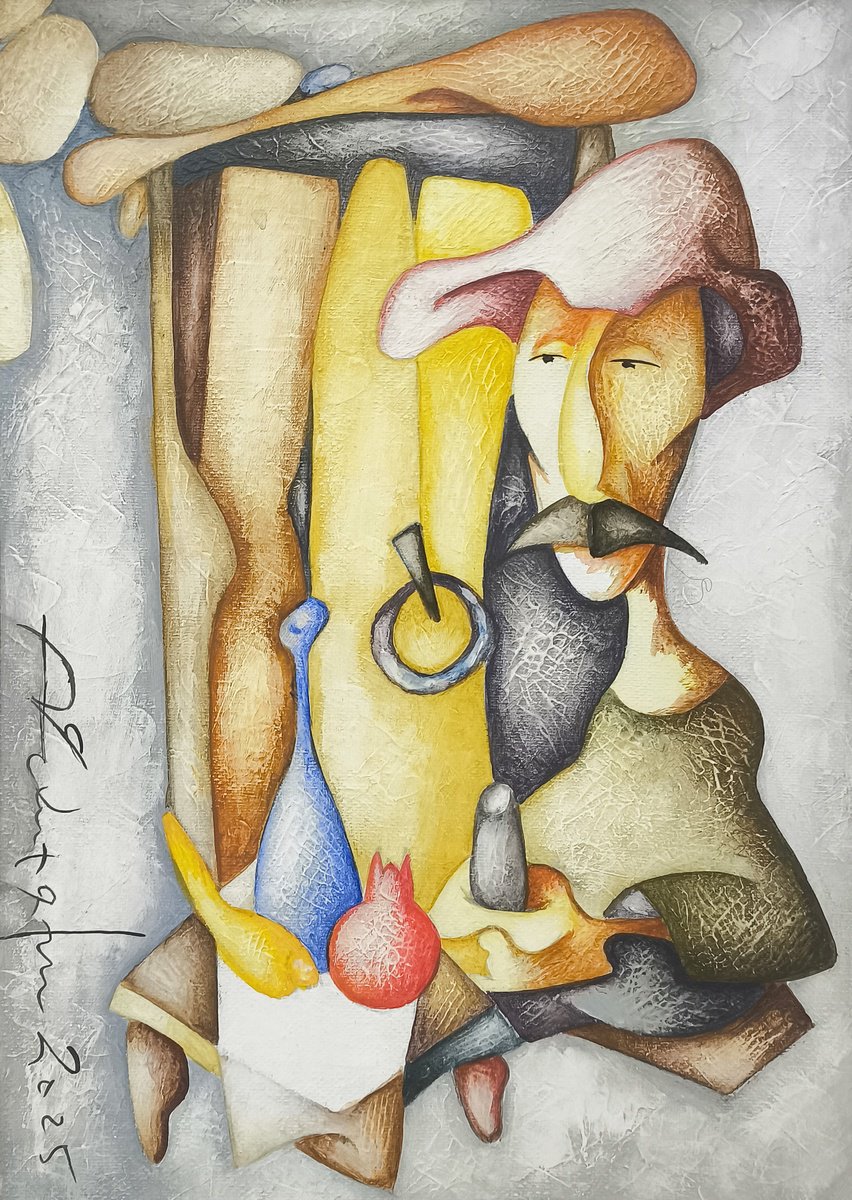 Naive Portrait Acrylic Painting By Sargis Zakarian, 9 X 13", Merchant Of Colors, Original Artwork