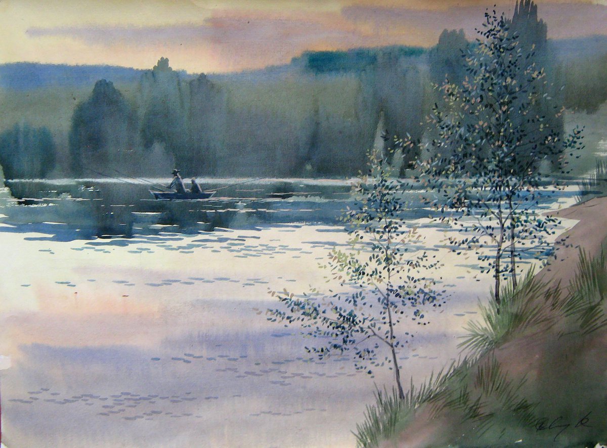 Impressionistic Landscape Watercolour By Valeriy Savenets-1, 16 X 12", The Evening Is Quiet, Original Artwork