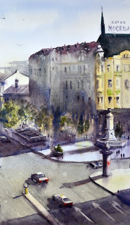 Top view of Terazije square Belgrade 74x54cm 2022 by Nenad Kojić watercolorist