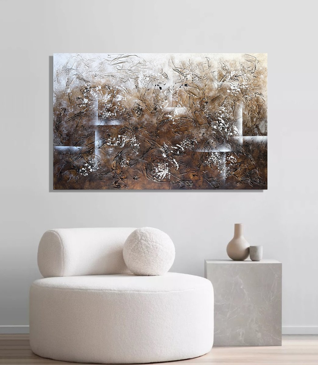 Expressive Abstract Acrylic Painting By Tatiana Malinovscaia, 43 X 28", White Buds In The Bronze, Original Artwork