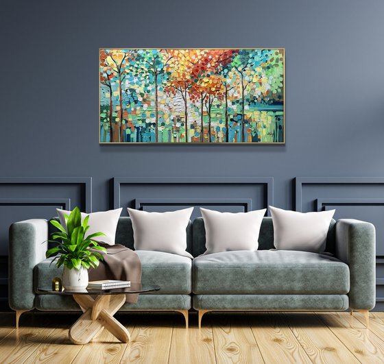 Emerald Moments - Abstract Colorful Trees Painting, Blossom Landscape Canvas Wall Art Painting, Large Abstract Landscape