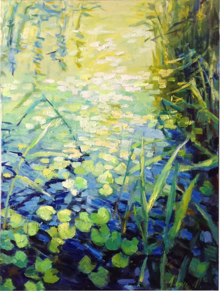 Early morning XL over the water lilies pond morning light oil painting water river lilyt by Nataliia Nosyk