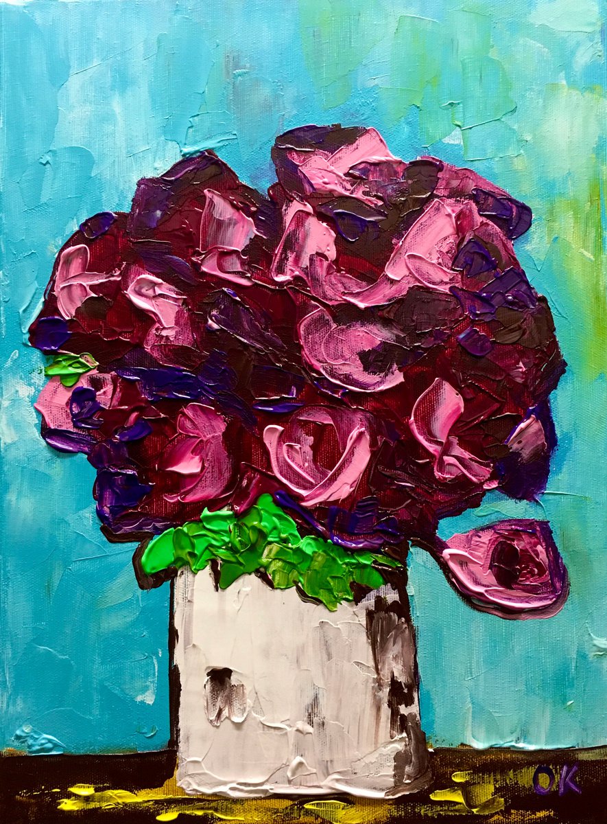 ABSTRACT BOUQUET OF Burgundy Roses #16 ( NAIVE COLLECTION) palette knife Original Acryl... by Olga Koval