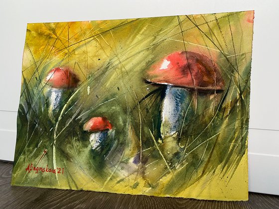 Mushroom hunting - original watercolor