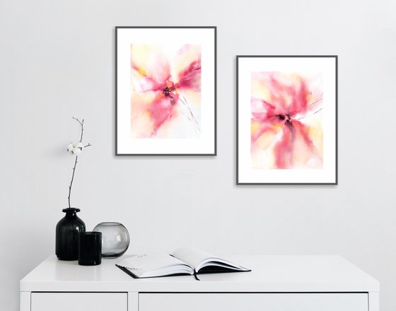 Pink abstract flowers diptych