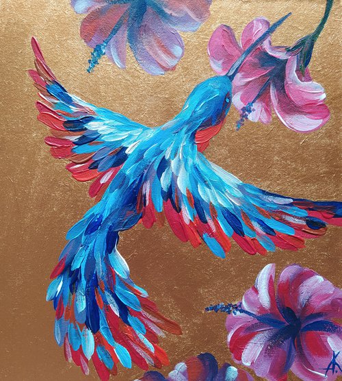 Freedom - acrylic, flowers, painting, acrylic painting, birds, bird acrylic, hibiscus, flowers and bird by Anastasia Kozorez