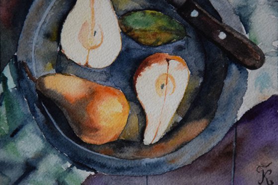 Watercolor painting Still life with pears and knife on a plate