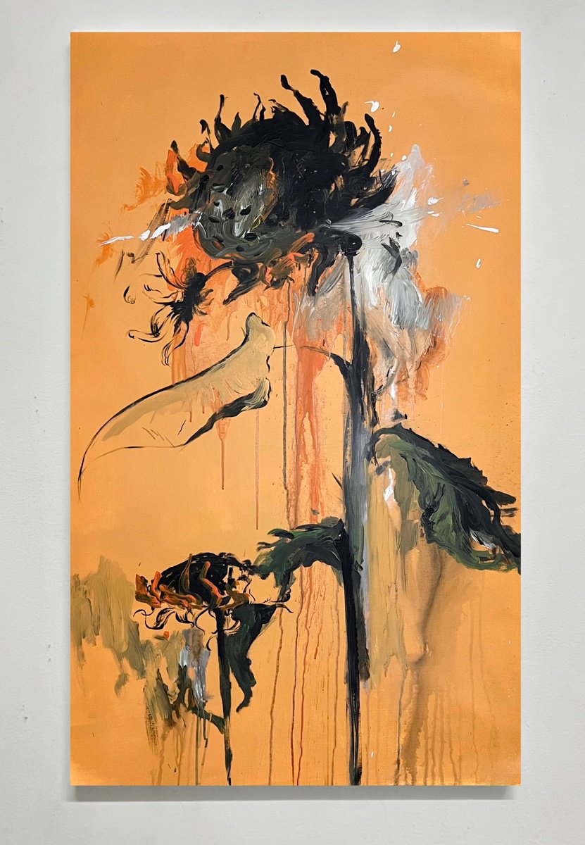 Impressionistic Botanical Acrylic Painting By Rosi Roys, 28 X 47", Sunflower 10, Original Artwork